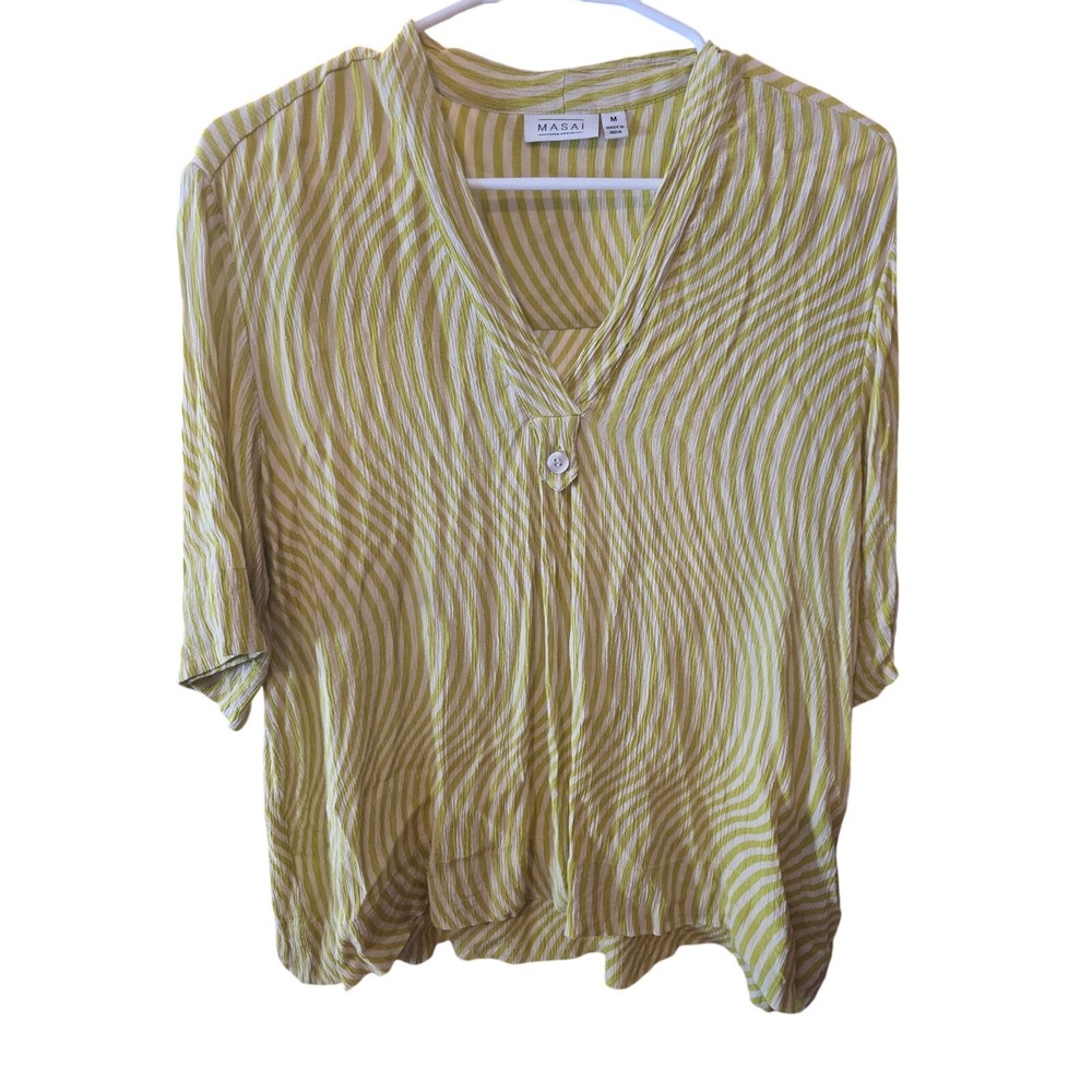 Masai Copen Hagen Pullover Top M Womens Green Striped Short Sleeve Art Deco